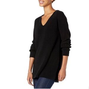 Goodthreads Women's Cotton Shaker Stitch Deep V-Neck Sweater - Black